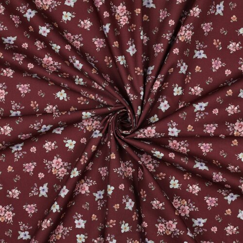 Baumwollpopeline kleine Blumensträuße - weinrot