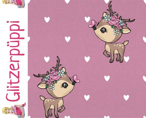 French Terry Glitzerpüppi Digital süße Hirsche - hellantikpink