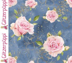 French Terry Glitzerpüppi Digital Rosen - stahlblau