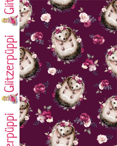 French Terry Glitzerpüppi Digital Blumenigel - dunkelkirschrot