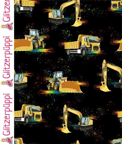 Baumwolljersey Glitzerpüppi Digital Baufahrzeuge - schwarz