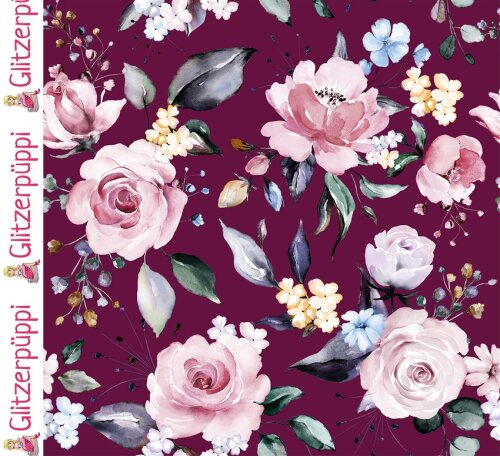 Baumwolljersey Glitzerpüppi Digital Rosen - dunkel kirschrot