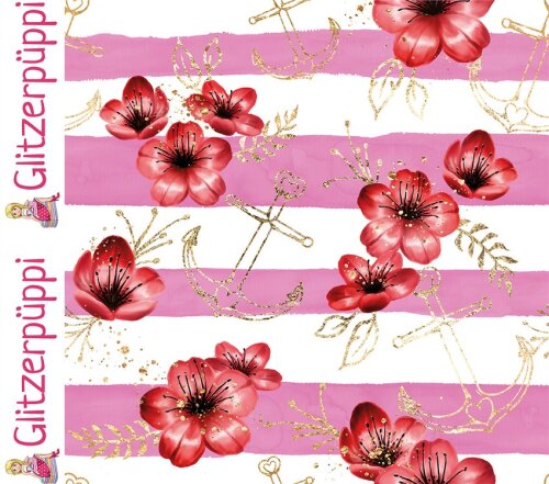 Baumwolljersey Glitzerpüppi Digital Anker und Blumen - rosa